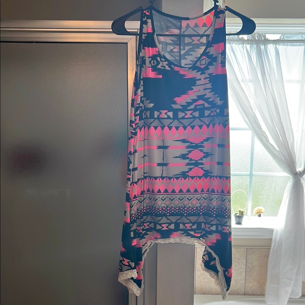 Aztec Print Sleeveless Top - Pink and Black